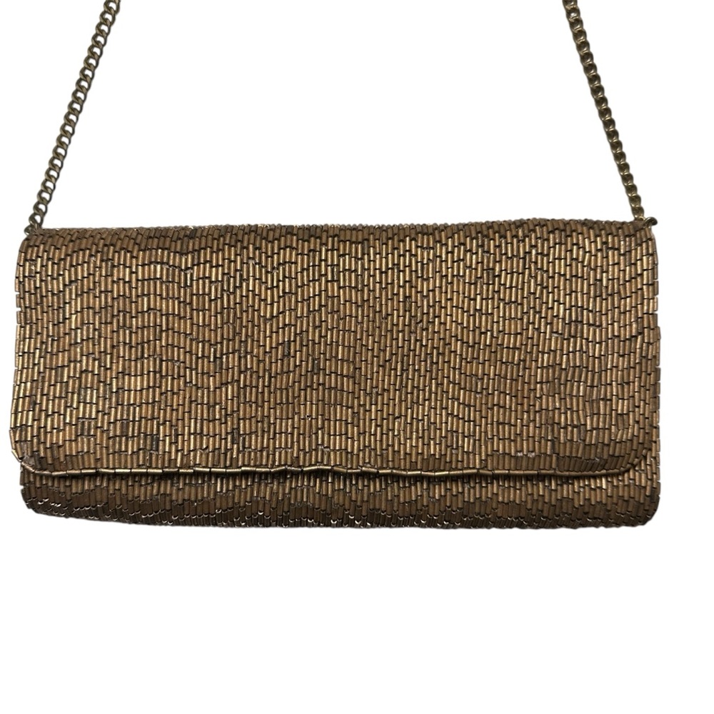 Moyna - Matte Gold Beaded Clutch with Strap - Elegant Evening Bag